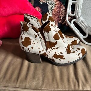Faux cow print booties